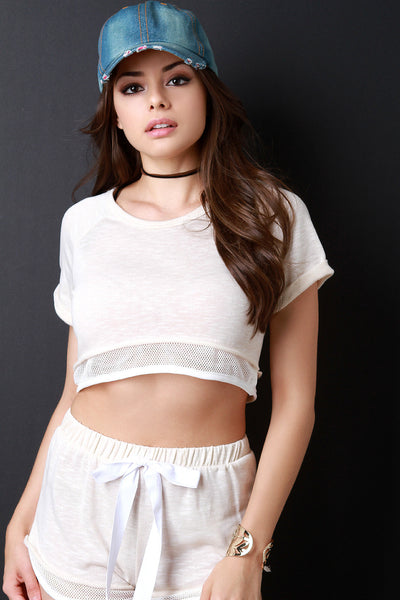 Marled Knit Fishnet Contrast Crop Top