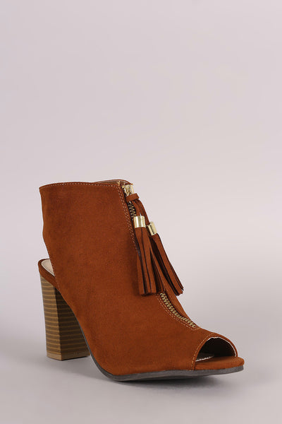 Qupid Tassel Front Zip-Up Chunky Heeled Mule Booties