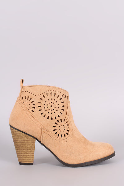 Qupid Vegan Suede Laser Cut Chunky Heel Cowgirl Booties