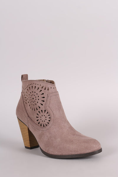 Qupid Vegan Suede Laser Cut Chunky Heel Cowgirl Booties