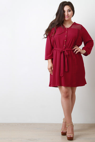 Mesh Panel Button-Up Long Sleeve Dress