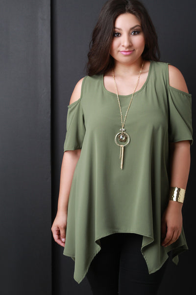 Textured Chiffon Cold Shoulder Handkerchief Hem Necklace Top