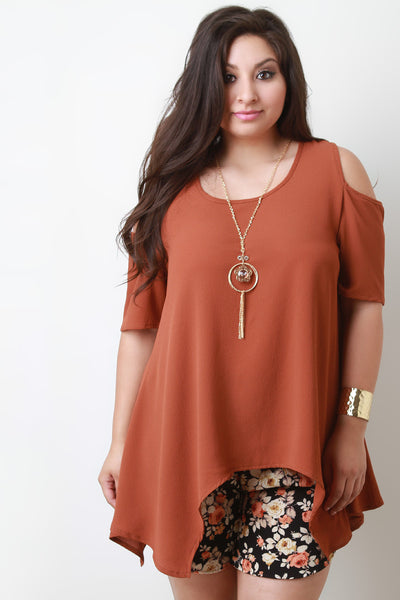 Textured Chiffon Cold Shoulder Handkerchief Hem Necklace Top