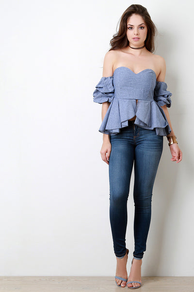 Ruffle Sleeves Peplum Sweetheart Tube Top