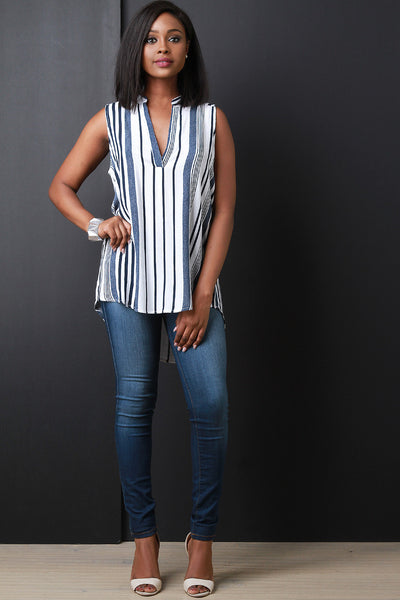 Half Placket Vertical Striped Top