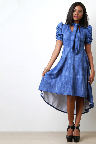 Denim Print Self-Tie V-Neck Puff Sleeves Dress