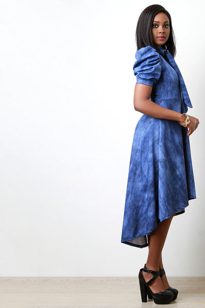 Denim Print Self-Tie V-Neck Puff Sleeves Dress