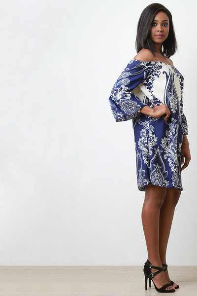 Off The Shoulder Floral And Paisley Print Shift Dress