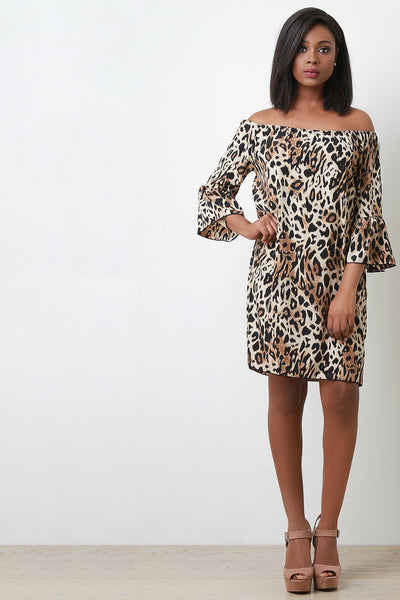 Leopard Print Off The Shoulder Shift Dress