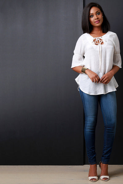 Woven Lace Up V-Neck Blouse