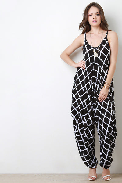 Two Tone Grid Sleeveless Harem Jumpsuit