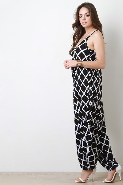 Two Tone Grid Sleeveless Harem Jumpsuit