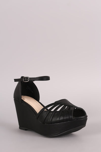 Bamboo Strappy Peep Toe Platform Wedge