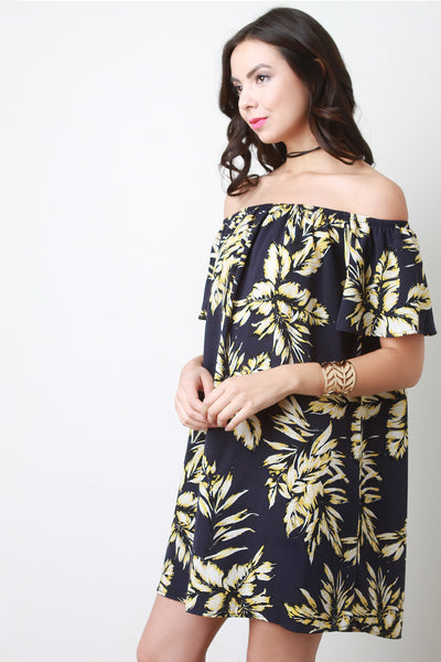 Off The Shoulder Tropical Leaf Motif Dress