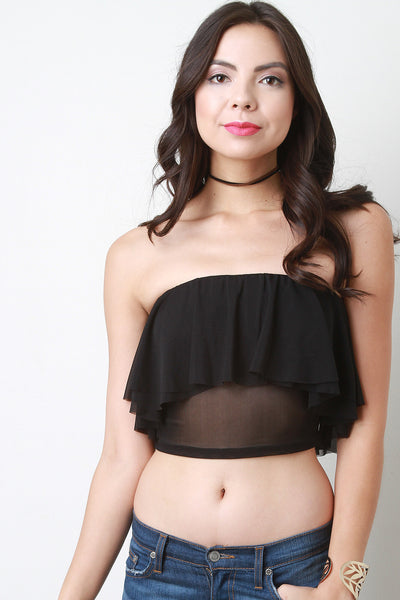 Tiered Ruffle Chiffon Strapless Crop Top