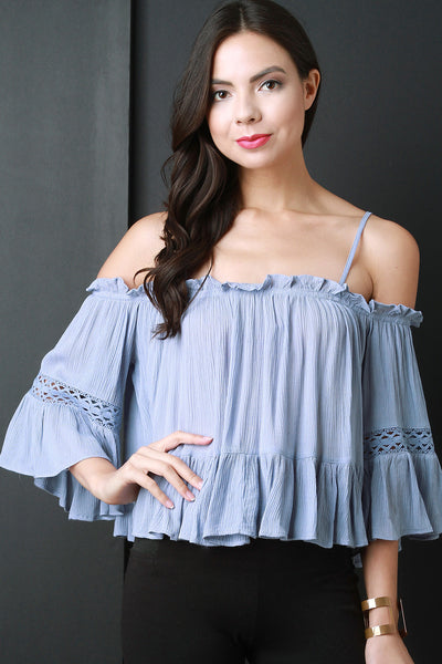 Crinkle Cold Shoulder Lace Inset Ruffle Blouse Top