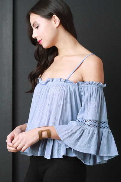 Crinkle Cold Shoulder Lace Inset Ruffle Blouse Top