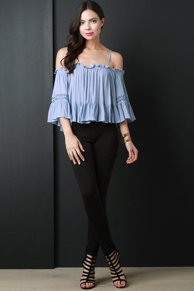 Crinkle Cold Shoulder Lace Inset Ruffle Blouse Top