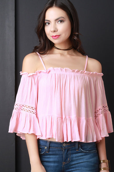 Crinkle Cold Shoulder Lace Inset Ruffle Blouse Top