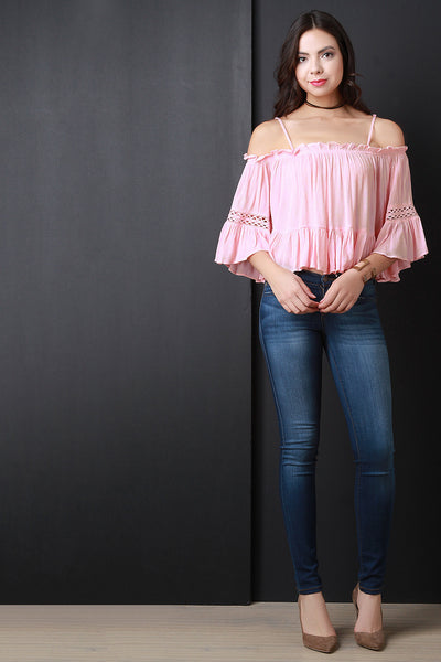 Crinkle Cold Shoulder Lace Inset Ruffle Blouse Top