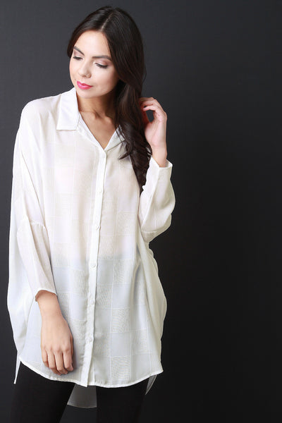 Grid Button-Up Collar Oversized Chiffon Shirt