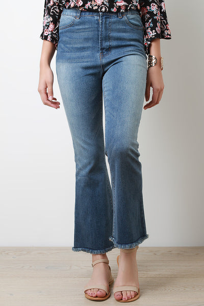 High Waisted Bell Bottom Frayed Hem Crop Denim Jeans