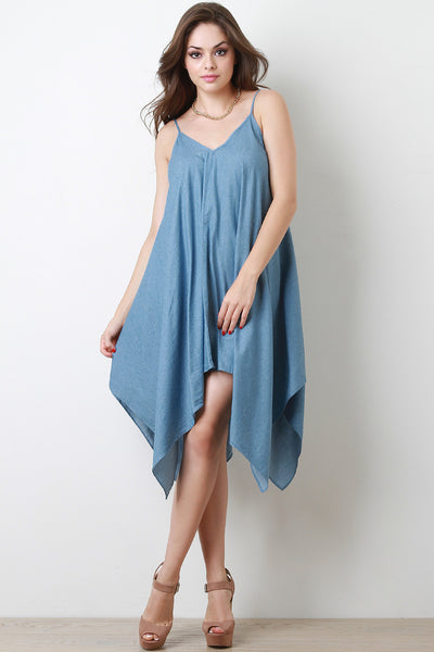 Chambray Spaghetti Strap Handkerchief Hem Dress