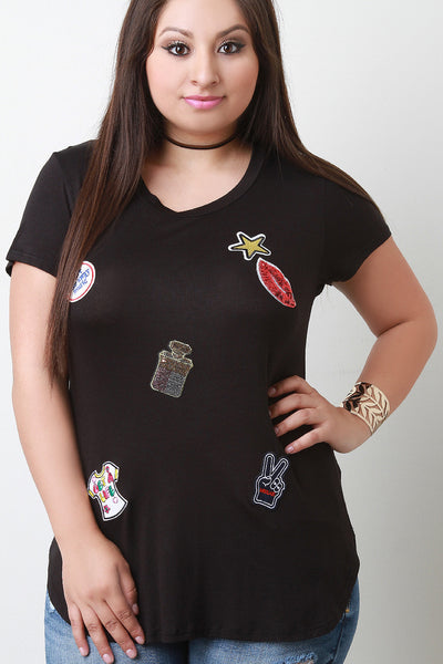 Assorted Sequin Patches Short Sleeves Tee