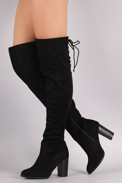 Qupid Suede Back Lace-Up Chunky Heeled Over-The-Knee Boots