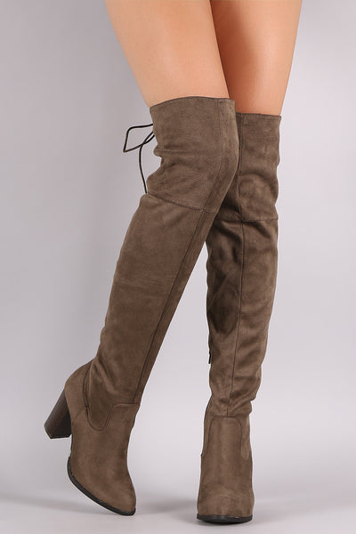 Qupid Suede Back Lace-Up Chunky Heeled Over-The-Knee Boots