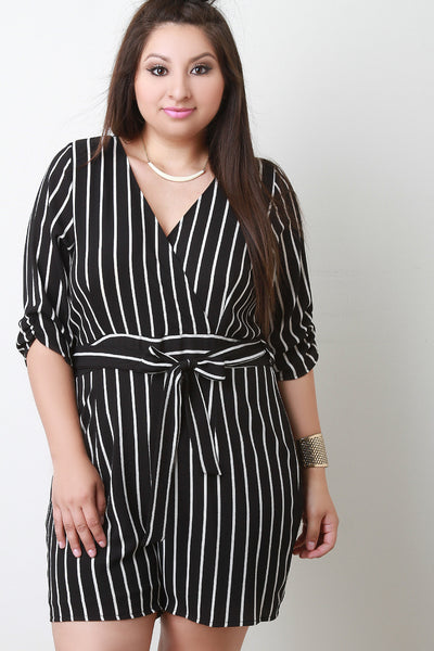 Stripe Surplice Elbow Sleeve Sash Tie Romper