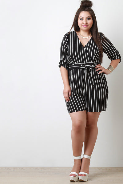 Stripe Surplice Elbow Sleeve Sash Tie Romper