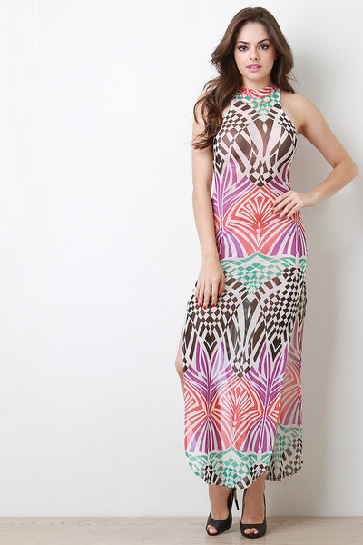 Mock Neck Abstract Mesh Maxi Dress