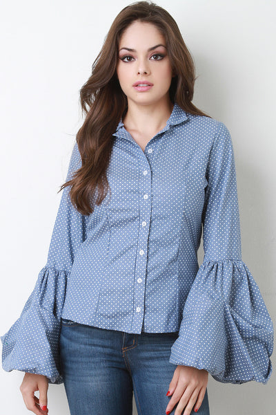 Polka Dot Statement Sleeve Button Up Shirt