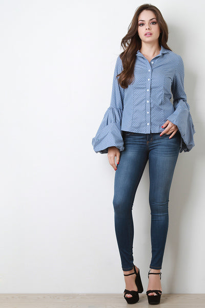 Polka Dot Statement Sleeve Button Up Shirt