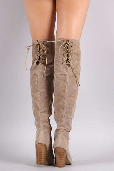 Suede Back Lace-Up Chunky Heeled Over-The-Knee Boots