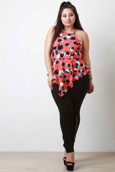 Tulip Print Asymmetrical Hem Peplum Top