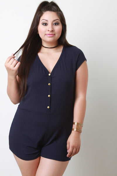 Rib Knit Button Up Short Sleeve Romper