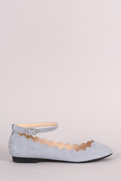 Qupid Suede Scalloped Studded Ankle Strap Ballet Flat