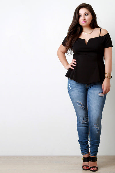 Wired V-Neck Cold Shoulder Flared Hem Top