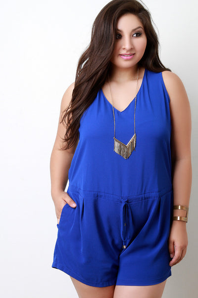 Textured Woven V-Neck Pocketed Romper