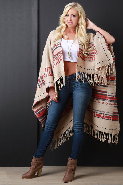 Reversible Navajo Print Fringe Poncho