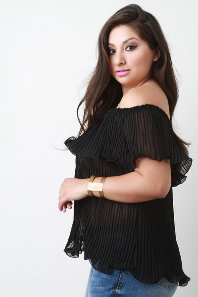 Chiffon Off The Shoulder Pleated Ruffle Blouse