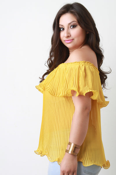 Chiffon Off The Shoulder Pleated Ruffle Blouse