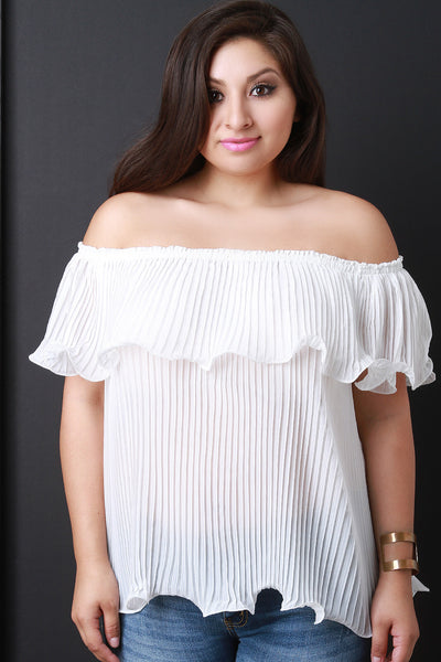 Chiffon Off The Shoulder Pleated Ruffle Blouse