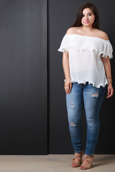 Chiffon Off The Shoulder Pleated Ruffle Blouse