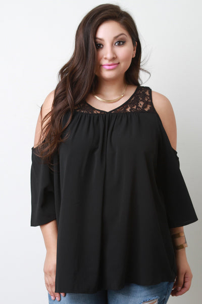 Lace Yoke Cold Shoulder Blouse