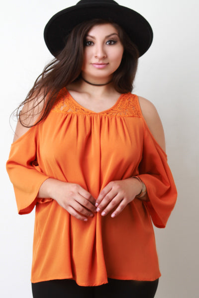 Lace Yoke Cold Shoulder Blouse