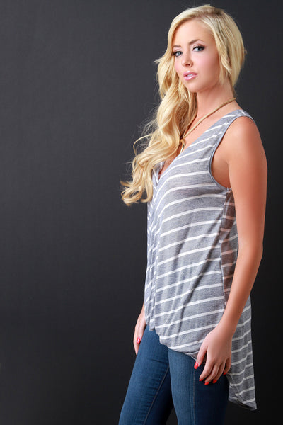 Striped Deep V Twisted Drape High Low Top