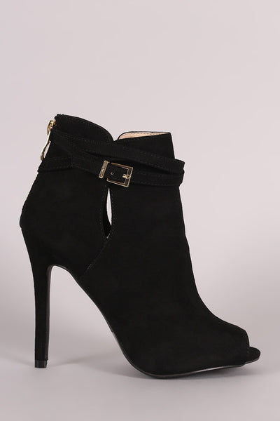 Qupid Suede Strappy Buckled Peep Toe Stiletto Booties